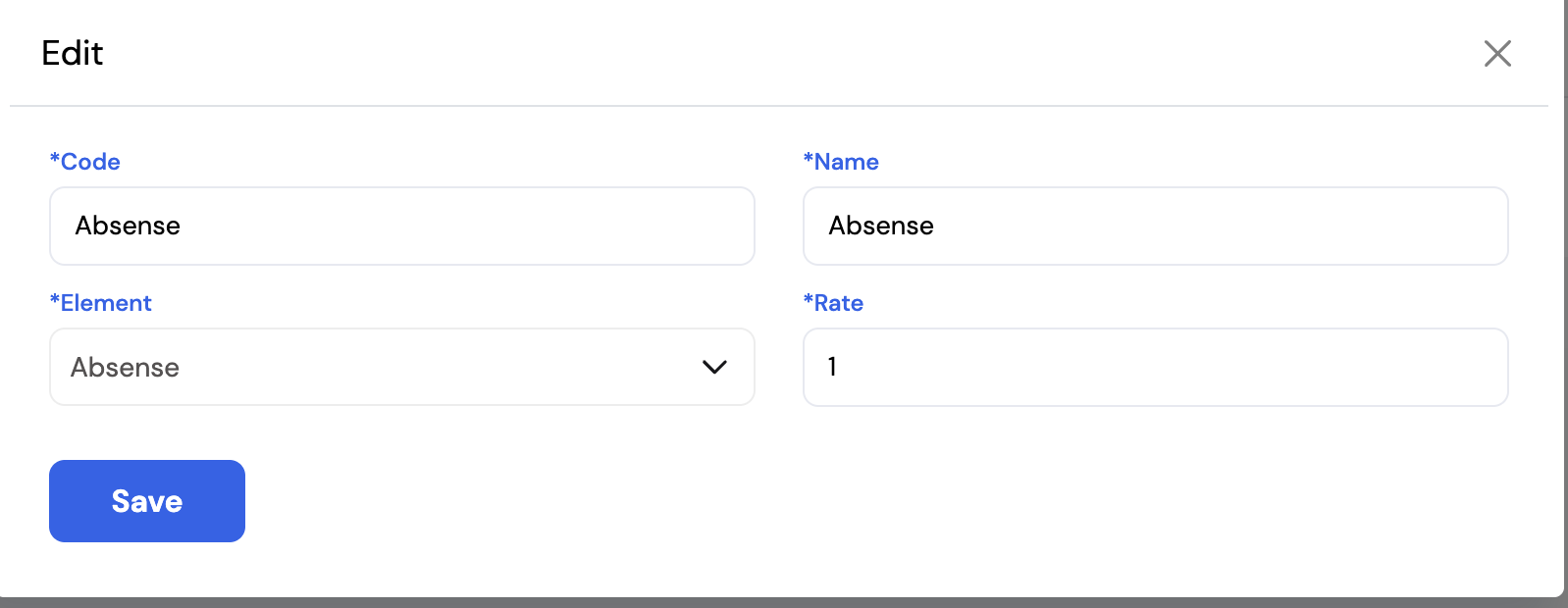 Edit Absence Type form showing Code (Absence), Name (Absence), Element (Absence) and Rate (1) fields